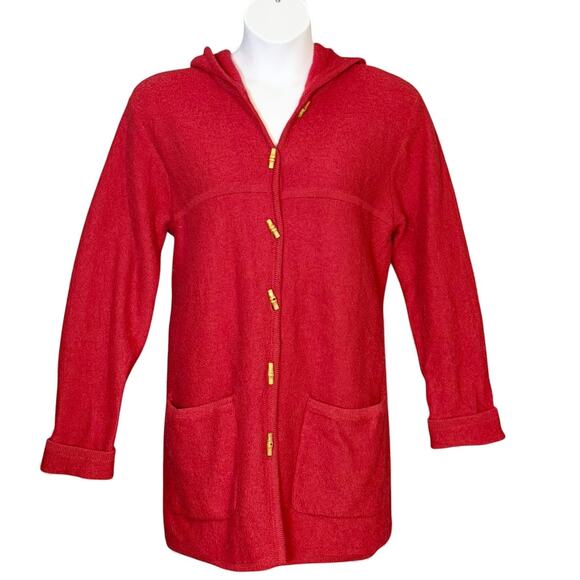 Vintage Karen Scott Pure Wool Hooded Cardigan Size L Red Toggle Sweater Coat 80s - Picture 2 of 9